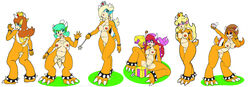 6+girls 6girls alternate_species ass blonde_hair blue_eyes blue_skin breasts brown_hair captain_syrup female female_only full_body green_hair green_skin hair koopa long_hair mario_(series) mona_(warioware) multiple_girls navel nintendo nipples no_irises orange_hair orange_skin pink_nipples pink_skin princess_daisy princess_koopa princess_peach princess_rosalina purple_skin pussy queen_merelda red_hair red_pupils red_skin scalie simple_background sitting standing tryfag video_games wario_land warioware white_skin yellow_skin