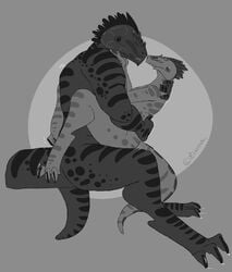 2016 anthro argonian breasts claws duo eliotak erakare feathers female hi_res holding_character holding_head horn kherr'za larger_male lotus_position male monochrome muscular muscular_male scalie sex simple_background sitting size_difference straight the_elder_scrolls video_games