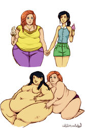 2012 2girls before_and_after black_hair blue_eyes brown_eyes chubby cuddling digital_media_(artwork) fat female female_only holding_hands ice_cream idacknowledged multiple_girls mutual_female_weight_gain necklace nude obese orange_hair plump request sleaveless_shirt weight_gain