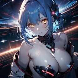 1girls ai_generated alternate_version_available big_breasts blue_hair busty female futuristic glowing_eyes outer_space pixai pooplool sci-fi short_hair sole_female solo solo_female space tagme