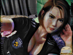 1girls artist_request ass blue_eyes breasts brown_hair cleavage clothed female_only human jill_valentine jill_valentine_(sienna_guillory) realistic resident_evil shirt short_hair solo text watermark