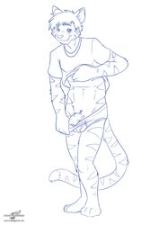 anthro blue_and_white clothed clothing clothing_lift feline hi_res male male_only mammal monochrome penis sketch solo uncut underwear wolfblade