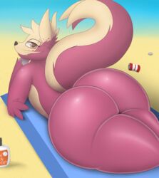 1boy 2018 ass beach beverage_can big_ass chubby fur furry huge_ass looking_at_viewer male male_only mammal nintendo pandashorts pokémon_(species) pokemon pokemon_dppt pose presenting presenting_hindquarters purple_fur sand seaside seductive shiny_pokemon shiny_stunky skunk solo stunky sunscreen tan_fur thick_thighs thomas_whitaker video_games whiskers wide_hips