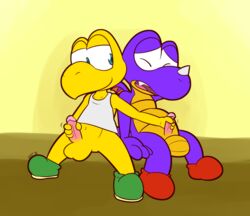 2018 3_fingers 4_fingers anthro anthro_on_anthro balls blue_eyes bottomless closed_eyes clothed clothing fangs green_footwear handjob holding_penis koopa_troopa male mario_(series) masturbation motion_lines open_mouth orange_balls orange_scales penis pink_penis purple_scales red_footwear reptile rex_(mario) scales scalie sex shirt sitting super_mario_world tank_top topless turtle ultilix white_topwear yaoi yellow_balls yellow_scales