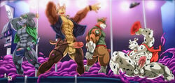 anthro balls bound canine chase_(paw_patrol) clothing erection group hands_behind_back humanoid_penis male male_only mammal marshall_(paw_patrol) muscular muscular_male nexus open_jacket open_mouth paw_patrol penis rocky_(paw_patrol) spread_legs spreading standing stripper thick_thighs tracker_(paw_patrol) underwear vein