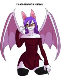 1boy anthro bat bulge clothed clothing crossdressing eyewear girly glasses hair helmed helmed_(character) long_hair male male_anthro male_only mammal solo sweater text wide_hips wings