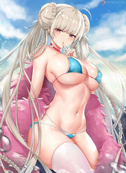 1girls ahoge alternate_costume azur_lane bangs beach bikini blue_bikini blue_sky blush braid breasts choker cleavage cloud cyicheng day double_bun eyebrows_visible_through_hair female finger_to_mouth formidable_(azur_lane) formidable_(the_lady_of_the_beach)_(azur_lane) large_breasts long_hair looking_at_viewer navel outdoors red_eyes revision sidelocks single_thighhigh skindentation sky solo swimsuit thighhighs toned very_long_hair