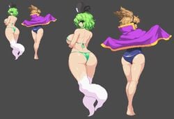 2d ass big_breasts bikini breasts brown_hair cape dat_ass ghost green_eyes green_hair one-piece_swimsuit pixel_art sideboob soga_no_tojiko swimsuit takorin thong touhou toyosatomimi_no_miko