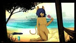 2017 5_fingers absurd_res anthro beach biped blue_clothing blue_hair breasts brown_ears brown_fur brown_nipples brown_tail clothing dated day detailed_background digital_media_(artwork) digital_painting_(artwork) dirtyscoundrel feet feline female fur green_eyes hair hi_res holding_object humanoid_feet humanoid_hands jewelry kneeling landscape looking_aside mammal necklace nipples nude open_mouth outside pink_tongue pussy sand sand_castle scenery sculpture seaside shovel signature sky small_breasts solo swimsuit tali_hartoh-mason tongue tree water