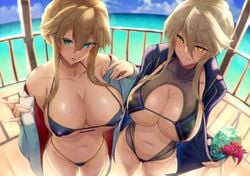 2girls ahoge artoria_pendragon artoria_pendragon_(lancer) artoria_pendragon_(lancer_alter) bangs beach bikini blonde_hair blue_bikini blue_eyes blush braid breasts clavicle cleavage closed_mouth crown_braid cup day duo eyebrows_visible_through_hair fate/grand_order fate_(series) female french_braid golden_eyes green_eyes groin hair_between_eyes hair_ornament head_tilt highleg highleg_swimsuit holding holding_cup horns large_breasts long_hair looking_at_viewer milf multiple_girls navel ocean open_mouth outdoors ribbed_swimsuit satou_daiji sideboob sidelocks stomach swimsuit tied_hair underboob undressing yellow_eyeshadow