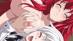 2girls animated animated_gif blush breast_grab breasts closed_eyes demon_girl grabbing high_school_dxd koneko_toujou large_breasts multiple_girls nude red_hair rias_gremory screencap screenshot smile talking tnk_(company) white_hair yuri