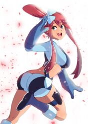 1girls ass azuumori back big_breasts big_hands blue_eyes boots breasts butt_crack clothed eyelashes female female_only gloves hair_ornament human leg_up lipstick long_hair looking_away looking_back nintendo pokemon pokemon_bw red_hair shirt skyla_(pokemon) smile strap teeth tongue