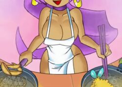 animated apron bent_over big_breasts chopsticks cleavage cooking dancing earrings grease happy hips long_ears minus8 naked_apron purple_hair shaking shantae shantae_(character) smile smooth_skin thick_thighs thin_waist wide_hips