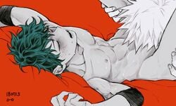 2boys abs arms_above_head blonde_hair blowjob blush closed_eyes elbow_pads fellatio freckles gay green_hair head_between_thighs izuku_midoriya katsuki_bakugou leg_grab looking_pleasured lying_on_back male male/male male_only megane_(artist) megane_o__o my_hero_academia nipples oral oral_sex pecs red_background saliva_trail short_hair six_pack spiky_hair sweat sweatdrop yaoi