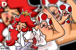 1girls 2boys alternate_color anilingus ass ass_grab barefoot bottomless dp1up dress feet female foot_fetish foot_lick grabbing_ass half-closed_eyes huge_ass licking long_hair lying male mario_(series) multiple_boys nintendo on_stomach pleasure_face princess_peach red_hair rimjob smaller_male super_mario_bros. threesome toad_(mario) zoom_layer