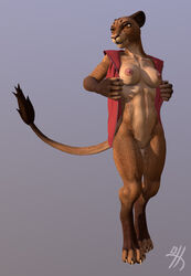 3d anthro athletic bottomless breasts brown_eyes brown_fur claws clothed clothing digitigrade feline female fur furry furry_only grey_background hoodie lion mammal pussy simple_background thirteeenth topwear undressing