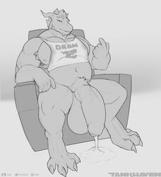 1boy anthro balls barzillai big_balls clothing cum dragon erection flaccid furry furry_dragon hyper leaking male male_only musclegut penis shirt solo tank_top tankh