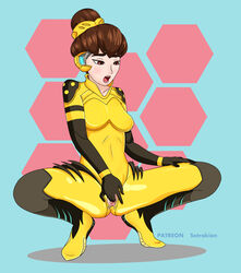 alternate_costume alternate_hairstyle b.va blizzard_entertainment bodysuit breasts brown_eyes brown_hair d.va female fingering headphones masturbation open_mouth overwatch patreon_username setrakian solo torn_clothes yellow_bodysuit