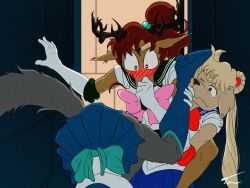 3boys beastars bishoujo_senshi_sailor_moon blush canine clothing deer furry jack_(beastars) legoshi_(beastars) louis_(beastars) mahou_shoujo male male_only parody sailor_jupiter_(cosplay) sailor_mercury_(cosplay) sailor_moon_(cosplay) skirt tonton55 wolf