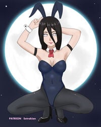 1girls abs armpits arms_up black_hair black_legwear bodysuit boruto:_naruto_next_generations breasts bunny_ears bunny_girl bunnysuit cleavage clothing fake_ears female female_only grey_eyes high_heels hyuuga_hanabi large_breasts lipstick long_hair moon naruto naruto:_the_last pantyhose setrakian shoes squatting text watermark white_eyes