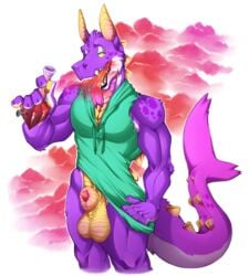 animal_genitalia anthro balls big_balls bottomless clothed clothing dragon drugs forked_tongue fur furred_dragon looking_at_viewer male male_only muscular muscular_male sheath shirt smoke solo spazzyhusky spiral_eyes tank_top tongue tongue_out torn_clothing