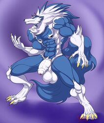 2018 4_toes 5_fingers abs anthro balls biceps big_balls blue_background blue_fur blue_hair blue_nose blue_skin canine capcom darkstalkers digitigrade fur gallon gloves_(marking) hair half-erect humanoid_penis hungothenomster jon_talbain looking_aside male male_only mammal mane markings multicolored_fur multicolored_hair multicolored_skin muscular muscular_male muscular_thighs naked nipples nude penis penis_tip pubes simple_background socks_(marking) solo standing thick_penis toes two_tone_fur two_tone_hair two_tone_skin uncut video_games were werewolf white_fur white_hair white_penis white_skin wolf