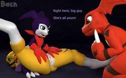 2018 3d anthro anus ass bacn ball_gag biped black_sclera blue_eyes bondage bound canine claws clothing dialogue digimon female fur gag gagged guilmon impmon lying male mammal nude on_back open_mouth presenting pussy questionable_consent renamon renamon_(bacn) scalie simple_background smile spreading standing text white_fur