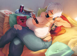 1girls big_breasts chips_(food) female female_only gaming gofa highleg_panties large_breasts mountain_dew pizza_box red_eyes ripped_jeans short_hair solo solo_female thong vella_(debaucheryninja) whale_tail white_hair