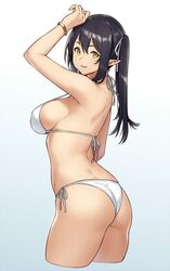 1girls armpits ass back bikini black_hair breasts cleavage elf elf_(houtengeki) female female_only gradient_background houtengeki looking_at_viewer looking_back nipple_bulge pointy_ears sideboob smile solo teeth white_bikini yellow_eyes