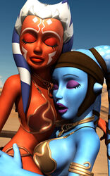 2girls 3d aayla_secura ahsoka_tano alien alien_girl alternate_version_available armband artist_name bald bantha-ii_cargo_skiff bare_shoulders big_breasts blue_skin busty choker clone_wars closed_eyes curvy day detailed_background eyelashes eyeshadow female female_only freckles front_view headgear hourglass_figure hugging humanoid jedi jedi_master jedi_padawan kondaspeter lipstick makeup mammal marking metal_bikini midriff multiple_females multiple_girls orange_skin outdoor outside pose posing purple_lips shadow shiny shiny_skin slave_ahsoka slave_bikini star_wars tatooine the_clone_wars:_season_four togruta twi'lek voluptuous wide_hips yuri