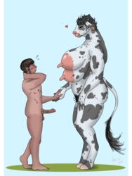 2018 4_breasts anthro areola big_breasts blush bovine breasts duo erection female geier hair heart human human_on_anthro interspecies larger_female long_nipples male mammal multi_breast nipples nude penis pubes simple_background size_difference smaller_male smile standing straight thick_thighs