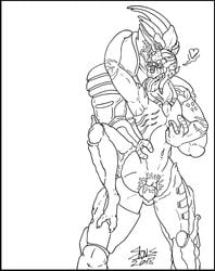 1boy 1girls alien armor female garrus_vakarian heart line_art male mass_effect menea_phorian penis skianous standing turian video_games