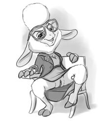 2018 anthro black_and_white bottomless breasts caprine chair clitoris clothed clothing cloven_hooves dawn_bellwether disney eyewear female fluffy glasses hooves looking_at_viewer mammal monochrome no_panties partially_clothed presenting presenting_pussy prostitution pussy sheep simple_background sitting sketch skirt smile smug solo spread_legs spreading the_giant_hamster upskirt white_background wool zootopia