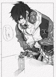 1boy cum cup dekucha_kawaii drinking_glass ejaculation erection greyscale headphones headphones_around_neck highres hypnosis_mic jacket letterman_jacket male_focus male_masturbation male_only male_pubic_hair masturbation mole mole_under_mouth monochrome open_fly parted_lips penis pubic_hair shirt_lift simple_background sweat sweating_profusely table white_background yamada_ichirou_(hypnosis_mic)