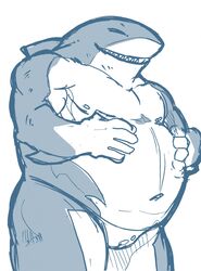 anthro anthro_only barazoku belly closed_eyes cuntboy fish hand_on_stomach intersex marine musclechub muscular muscular_cuntboy muscular_intersex navel nipples nooken nude overweight pussy shark sharp_teeth simple_background smile solo teeth white_background