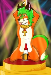 balls canine canine_genitalia canine_penis dancing dealy egyptian fox green_eyes green_hair hair male male_only mammal nightclub pole pole_between_ass pole_dancing solo spread_legs spreading tongue tongue_out wolferno