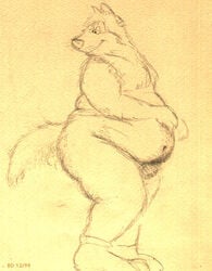 1990s 1999 20th_century anthro barely_visible_genitalia bd belly big_belly canine clothing deep_navel fur half-closed_eyes legwear looking_back male male_only mammal navel overweight overweight_male pencil_(artwork) smile socks solo thick_thighs traditional_media_(artwork) whiskers