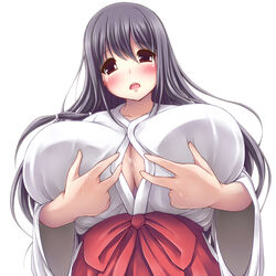 1girls after_paizuri black_hair breasts brown_eyes cleavage_cutout cum cum_bridge cum_on_body cum_on_upper_body female female_only hakama huge_breasts iwato_kasumi japanese_clothes kimono long_hair looking_at_viewer miko morita_(moritania) saki solo wide_sleeves