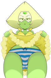 1girls blue_striped_panties breasts cartoon_network cleavage dress dress_shirt female_only gem_(species) green_eyes green_skin groin milky_way_(artist) panties peridot_(steven_universe) reunited_(steven_universe) skirt_lift steven_universe striped_panties underwear upskirt white_hair