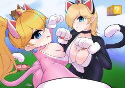 2023 2girls alternate_costume animal_ears artist_signature ass big_ass big_breasts blonde_hair blue_eyes cat_ears cat_peach cat_rosalina cat_tail catsuit cleavage crown duo_focus female female_focus goomba hair_tie inou_(artist) looking_at_viewer mario_(series) multiple_girls nintendo outdoors paw_gloves paws ponytail princess_peach princess_rosalina question_block self_upload selfie super_bell super_mario_3d_world tail tail_accessory thick_thighs