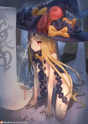 :< abigail_williams_(fate/grand_order) bangs big_hat black_bow black_footwear black_hat blonde_hair bow breasts breasts_apart brown_pants cigarette_butt closed_mouth condom fate/grand_order fate_(series) female fingernails gao-lukchup groin hairbow hands_on_floor hat hat_bow highres indoors key keyhole kneeling long_fingernails long_hair looking_down nipples orange_bow pants parted_bangs patreon_username peeing red_eyes revealing_clothes shiny shiny_skin shoelaces shoes sidelocks small_breasts sneakers stuffed_animal stuffed_toy teddy_bear tentacle tile_floor tiles toilet toilet_use urinal used_condom very_long_hair watermark web_address what witch_hat