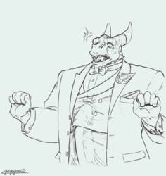 anthro big_penis bow_tie bulge clothed clothing dragon erection erection_under_clothing formal_wear genital_growth genitals growth hi_res horn huge_cock humanoid_genitalia humanoid_penis hyper hyper_genitalia hyper_penis jacket male papyreit penis penis_growth solo suit topwear vest