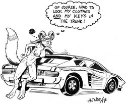 anthro breasts canine car female ferrari ferrari_testarossa fiji_(johann) fox furry furry_only gauges henbe horn mammal monochrome no_humans nude pussy text vehicle