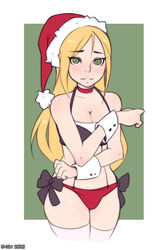 1girls 2016 5-ish blonde_hair blush bow_panties choker christmas cleavage female fiveish gardnerverse green_eyes long_hair looking_at_viewer medium_breasts red_panties santa_hat solo terry_girard thighhighs white_legwear wrist_cuffs