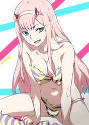 breasts color cute_fang darling_in_the_franxx female female_only green_eyes horns joy_ride large_breasts long_hair lum_(cosplay) official_style open_mouth pink_hair simple_background solo swimsuit white_background zero_two_(darling_in_the_franxx)