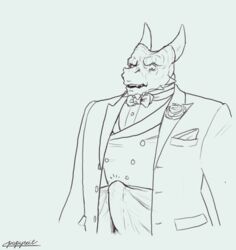 anthro bow_tie bulge clothed clothing dragon erection erection_under_clothing formal_wear hi_res horn jacket male papyreit solo suit topwear vest