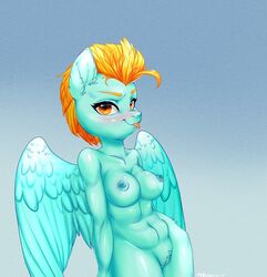 2018 abs anthro anthrofied areola blep blue_areola blue_background blue_feathers blush breasts equine erect_nipples eyebrows eyelashes feathered_wings feathers female friendship_is_magic fur gradient_background hair lightning_dust_(mlp) looking_at_viewer mammal my_little_pony navel nipples nude orange_eyes orange_hair pegasus portrait pose pubes pussy short_hair signature simple_background smile solo standing three-quarter_portrait tongue tongue_out vensual99 wings