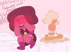 2girls bare_back bed blush cartoon_network covering_face duo embarrassed english_text female female_only garter_belt gem_(species) hair_over_eyes lesbian off_colors_(steven_universe) on_bed padparadscha_(steven_universe) ruby_leggy smile steven_universe text topless undressing yuri