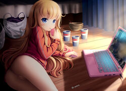 ahoge ass bag bed blonde_hair blue_eyes blush_stickers bottomless bowl commentary computer cup curtains disposable_cup dkoro drinking electronics english_commentary female gabriel_dropout highres jacket juice_box laptop long_hair long_sleeves looking_back lying messy_hair mouse_(computer) nifoc no_panties on_floor on_side plastic_bag pussy signature solo tenma_gabriel_white thighs track_jacket twitter_username uncensored video_game wooden_floor