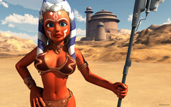 1girls 3d ahsoka_tano alien alien_girl armband artist_name bare_shoulders big_breasts blue_eyes busty choker clone_wars curvy eyelashes female female_only front_view hand_on_hip hands_on_hip hands_on_hips holding_object hourglass_figure humanoid jabba's_palace jedi jedi_padawan kondaspeter looking_at_viewer mammal marking metal_bikini midriff orange_skin outdoor outside pose posing shadow shiny shiny_skin slave_ahsoka slave_bikini solo standing star_wars tatooine the_clone_wars:_season_four togruta vibro_axe voluptuous weapon wide_hips